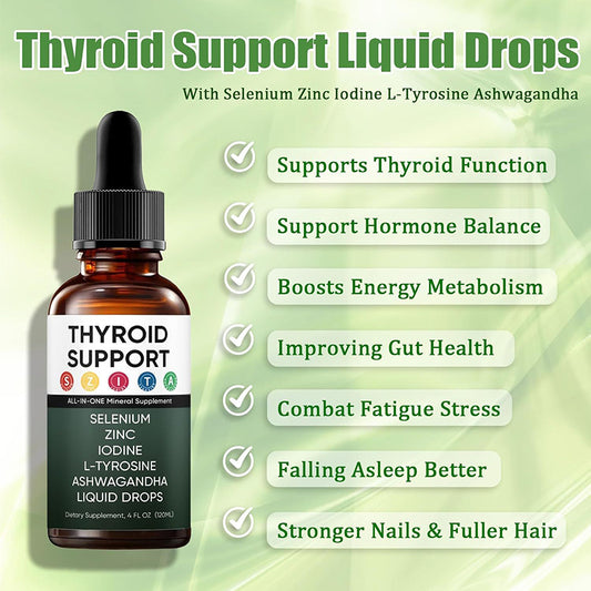 OEM private label thyroid drops. Highlights functions for hormone balance, energy metabolism, gut health, and fatigue stress.