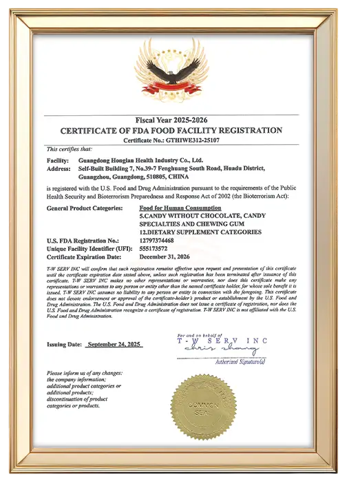 GMP certified facility badge ensuring strict compliance for dietary supplement contract manufacturing and CDMO services.