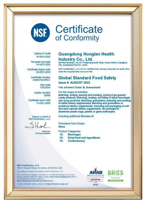 HACCP compliance badge highlighting food safety protocols in our gummy vitamin and powder supplement CDMO facility.