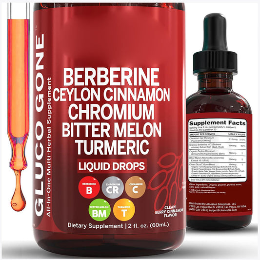 OEM private label berberine drops. 60ml bottle with supplement facts showing 110mcg Chromium and 100mg Cinnamon.
