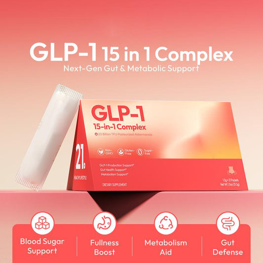 OEM private label GLP-1 Akkermansia powder. Box packaging displaying 15-in-1 complex, blood sugar and gut defense benefits.