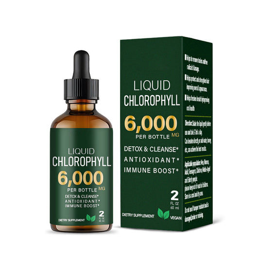 OEM private label chlorophyll drops. 60ml bottle and box showing 6000mg detox and antioxidant support formulation.