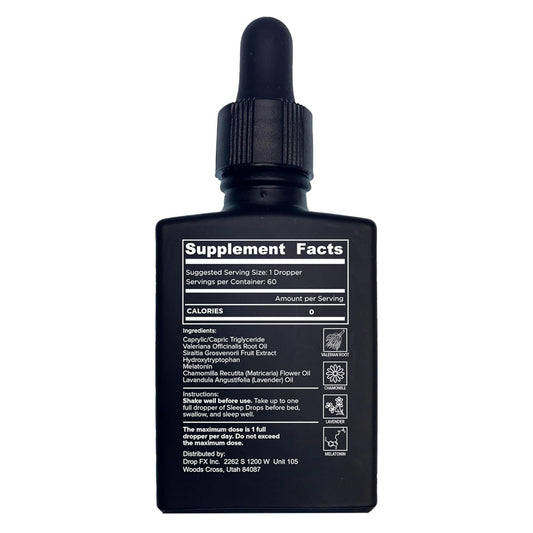 OEM private label sleep drops supplement facts. Details valerian root, chamomile, lavender, and melatonin active matrix.