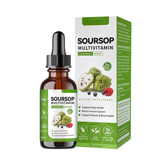 OEM private label soursop graviola drops. 60ml packaging showing vegan, organic, and gluten-free formula parameters.