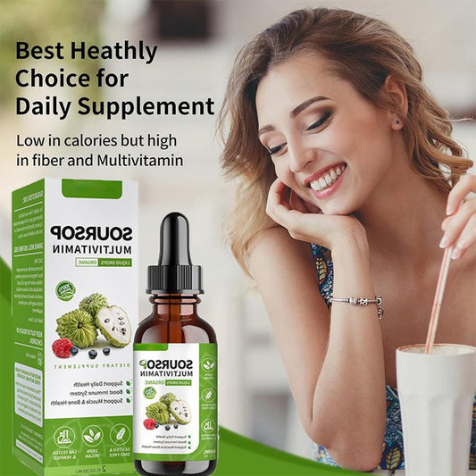 OEM private label soursop multivitamin liquid. Woman mixing drops into beverage for daily dietary supplement support.
