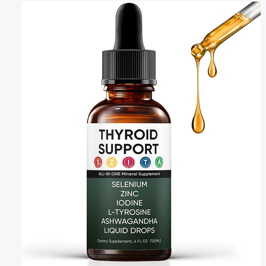 OEM private label thyroid support liquid drops. 120ml amber bottle displaying selenium, zinc, iodine, and ashwagandha formulation.