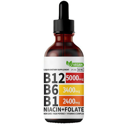 OEM private label vitamin B12 drops. 60ml bottle showing 5000mcg B12, B6, B1 vegan formulation.
