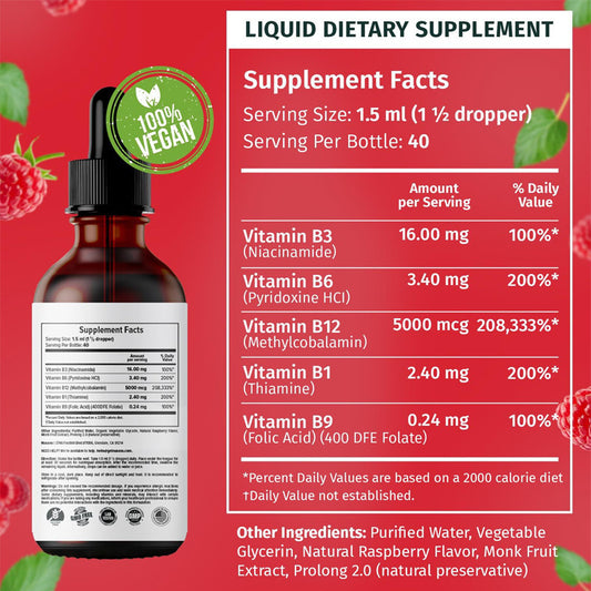 OEM private label liquid B complex supplement facts. Details 5000mcg Methylcobalamin per 1.5ml serving with raspberry flavor.